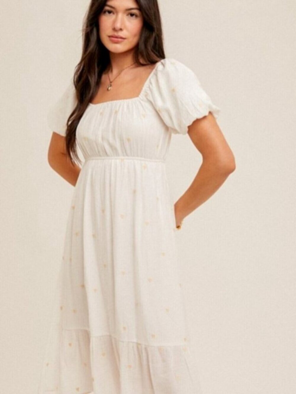 HEM & THREAD Bubble Sleeve Heart Embroidered Dress White NWT - Picture 5 of 8